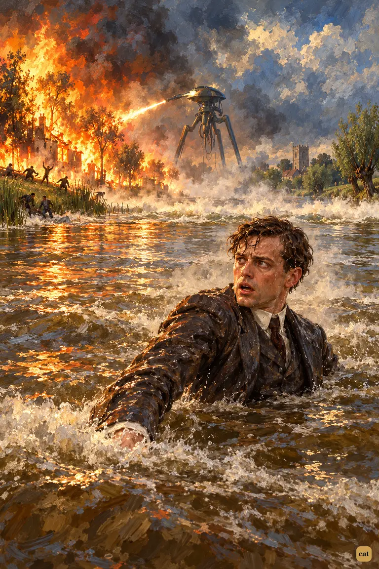 The Heat-Ray cuts across the Thames in a ridge of steam just ahead of the narrator