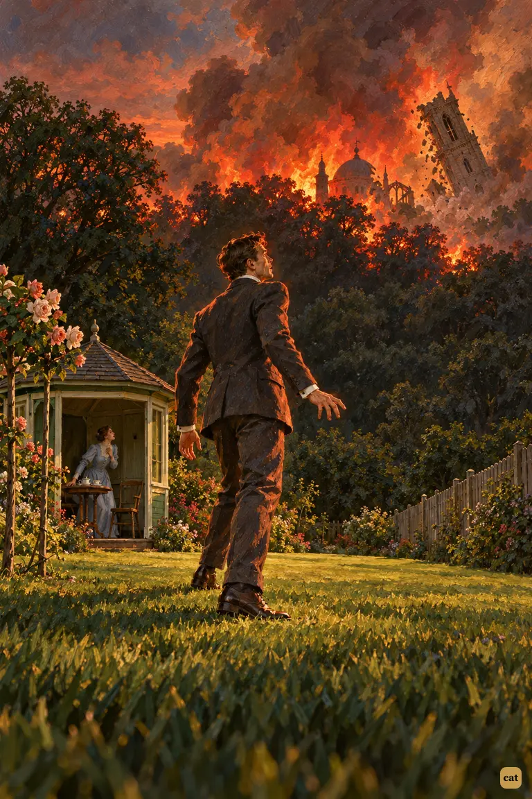 On his lawn, the narrator stops dead as the Oriental College trees burst into red flame