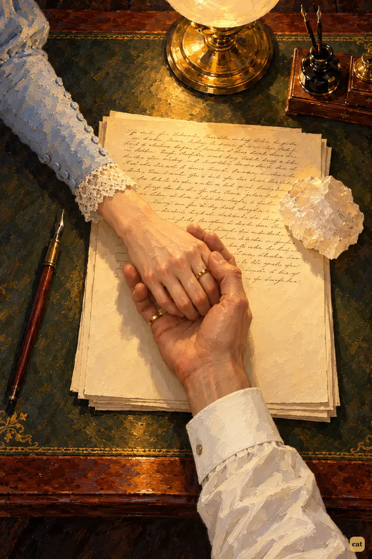On the night he finishes his story, the narrator holds his wife's hand on the last pages