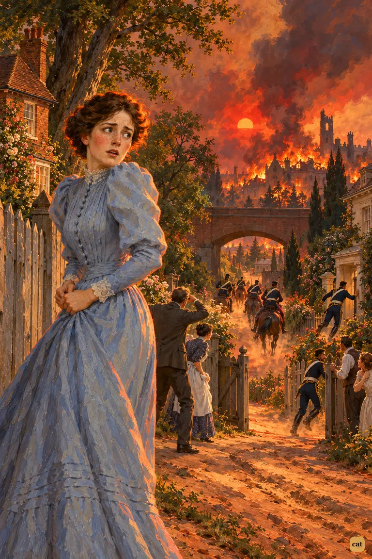 The narrator's terrified wife watches hussars ride under the railway bridge