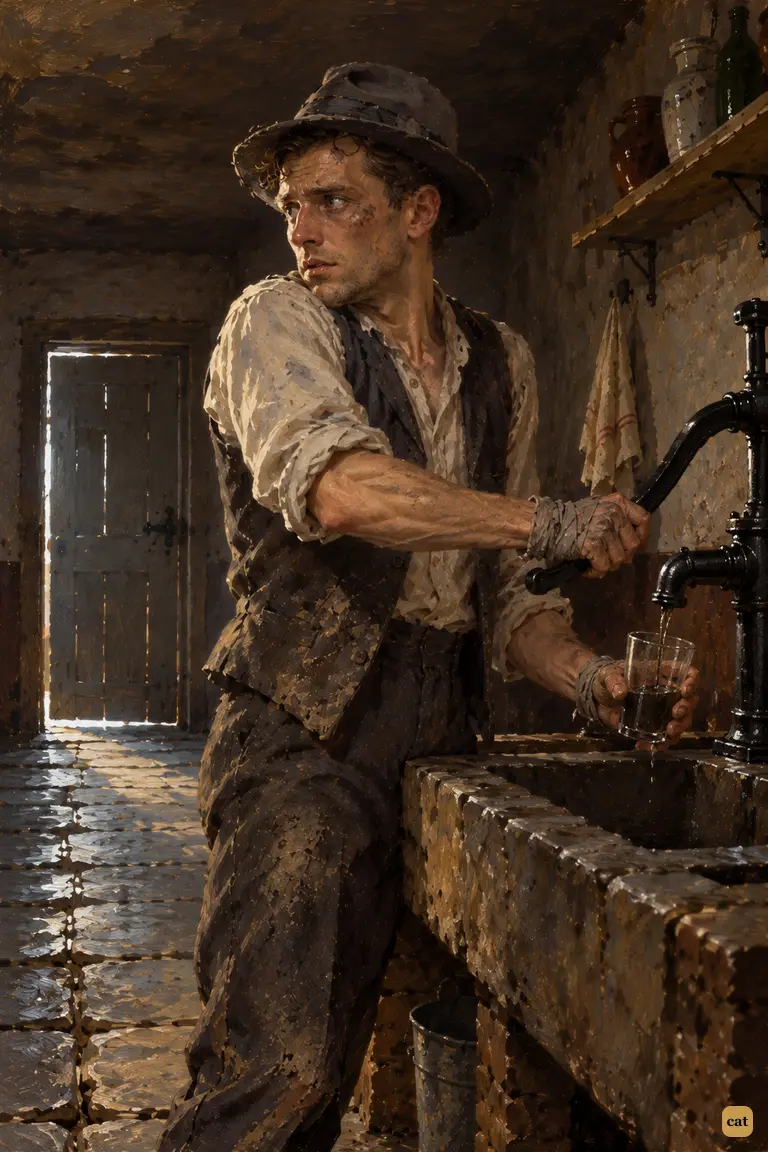 On the twelfth day without water, the starving narrator works the creaking pump