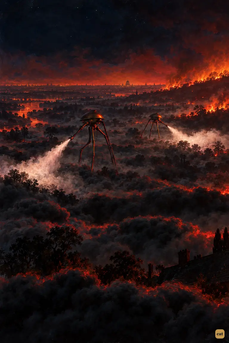 At midnight black smoke covers the Thames valley, lit red by burning Richmond and Kingston