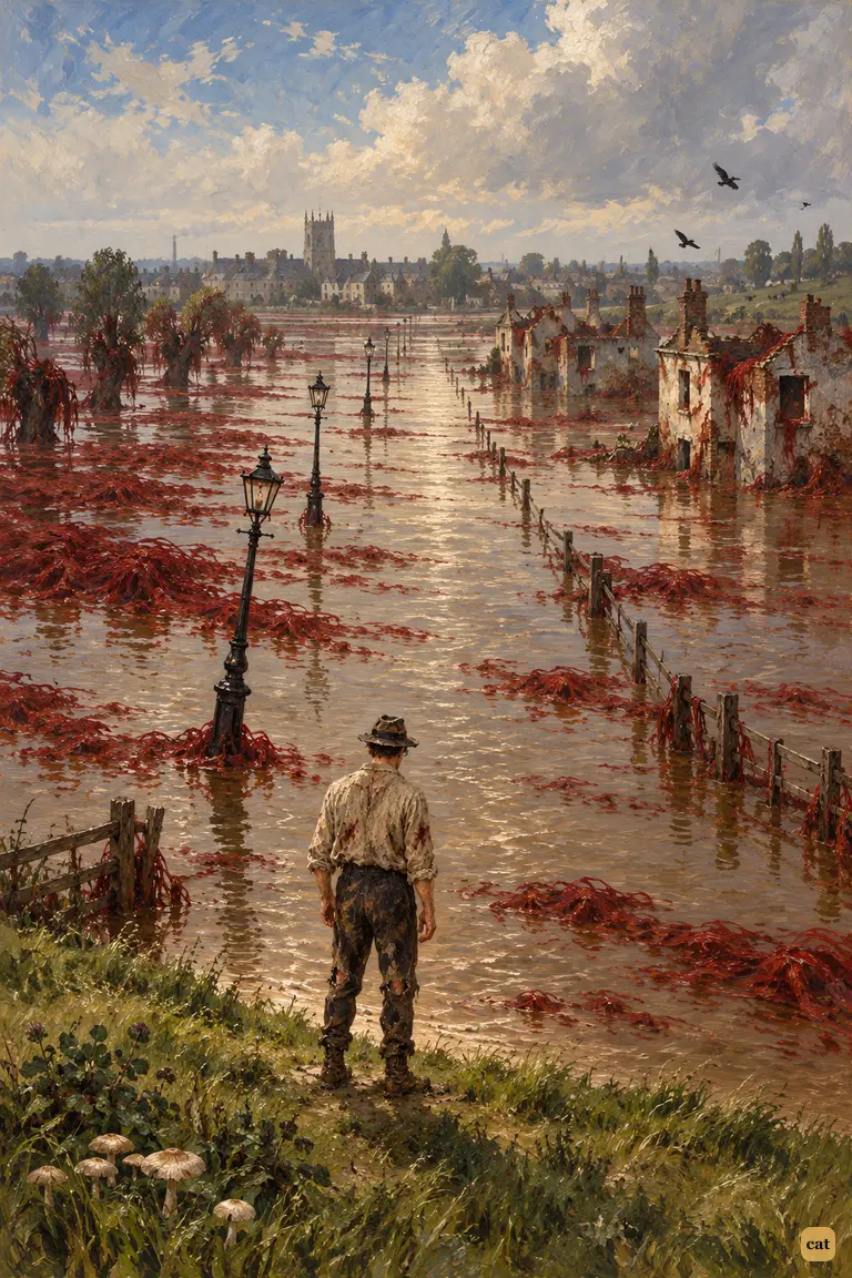 The Thames valley lies drowned under brown floodwater and blood-red weed