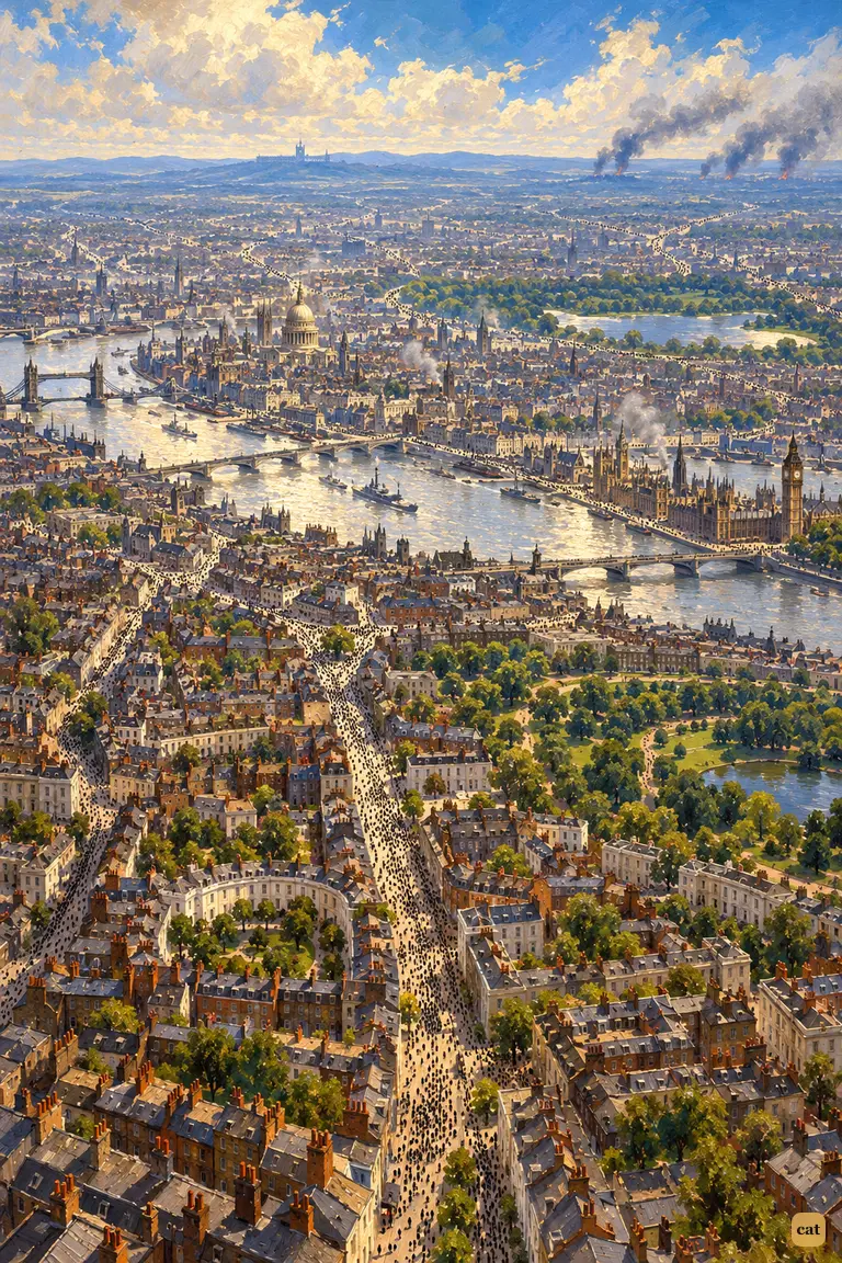Seen from a balloon, every road out of London is stippled black with six million fugitives