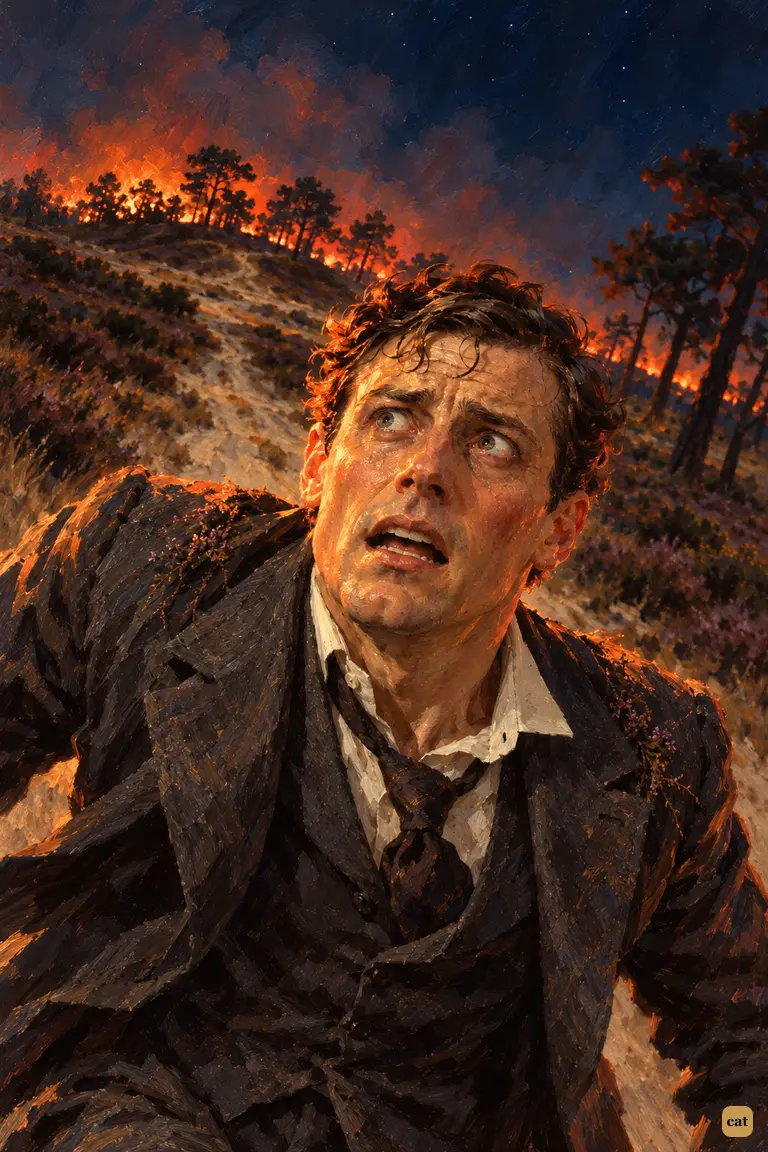 The narrator runs in blind panic through the burning night on Horsell Common.