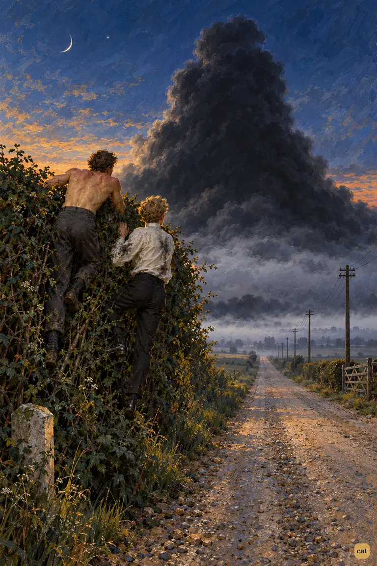Two fugitives cling high in a roadside hawthorn hedge north of Halliford at dusk.