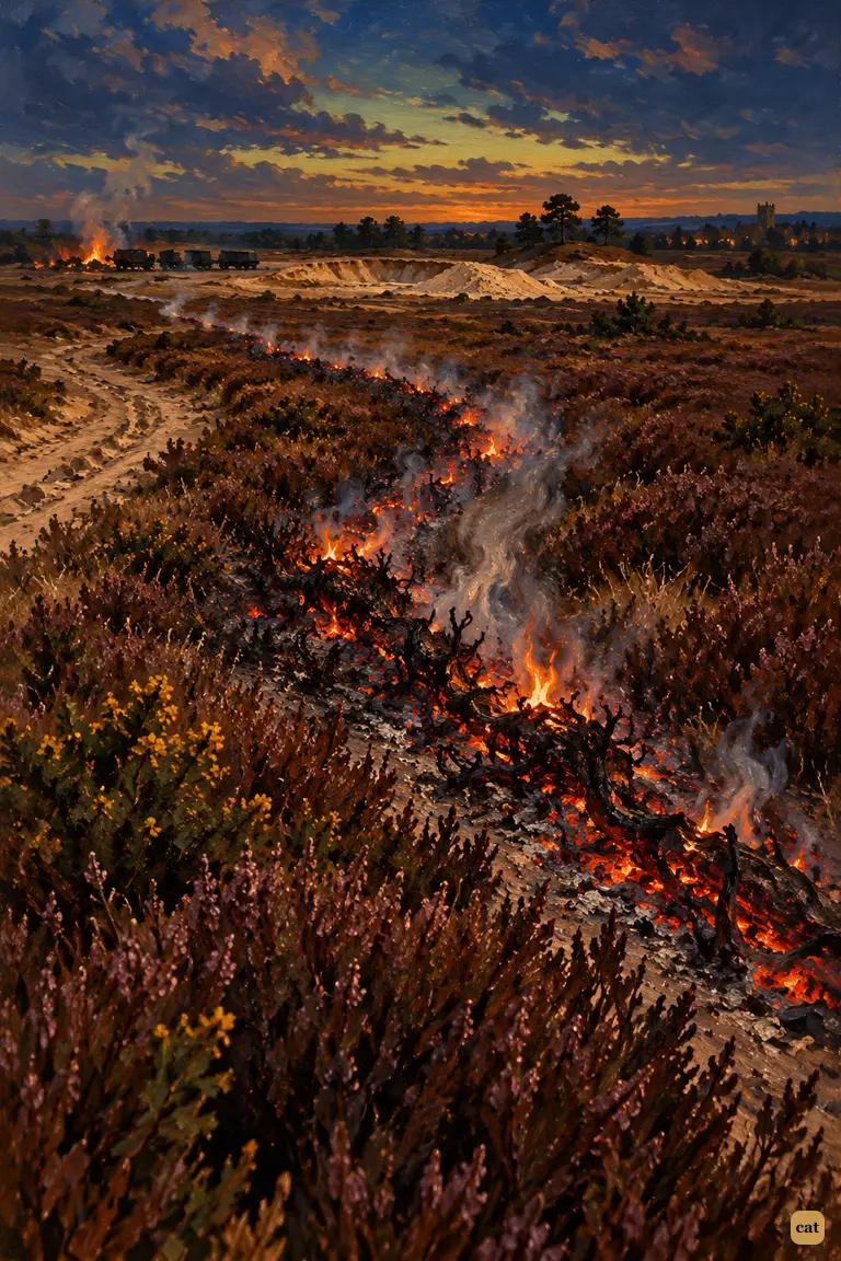 The unseen Heat-Ray burns a curving, smoking scar through the heather beside the narrator