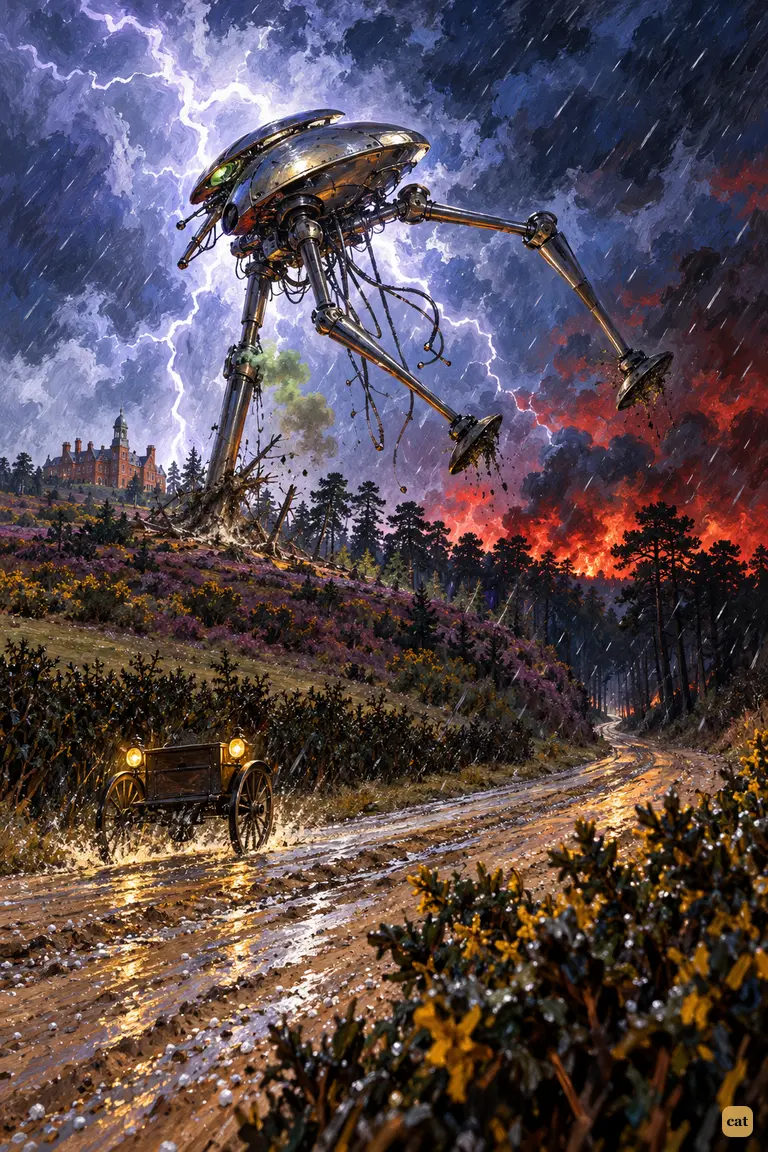 A lightning flash reveals the first Martian fighting-machine over the Maybury Hill heath