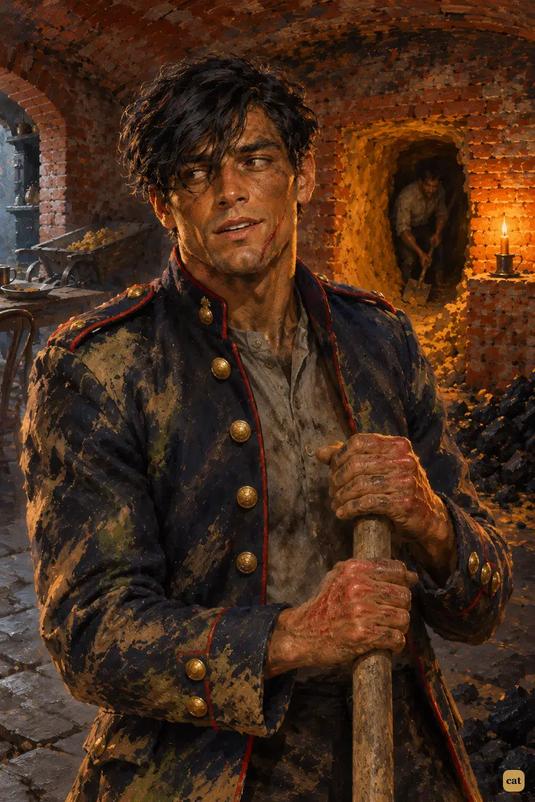 The artilleryman's swagger drains away in the candlelit coal cellar.