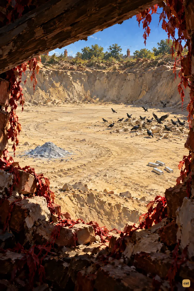 Through the peephole, the great pit at Sheen lies empty and silent in bright daylight