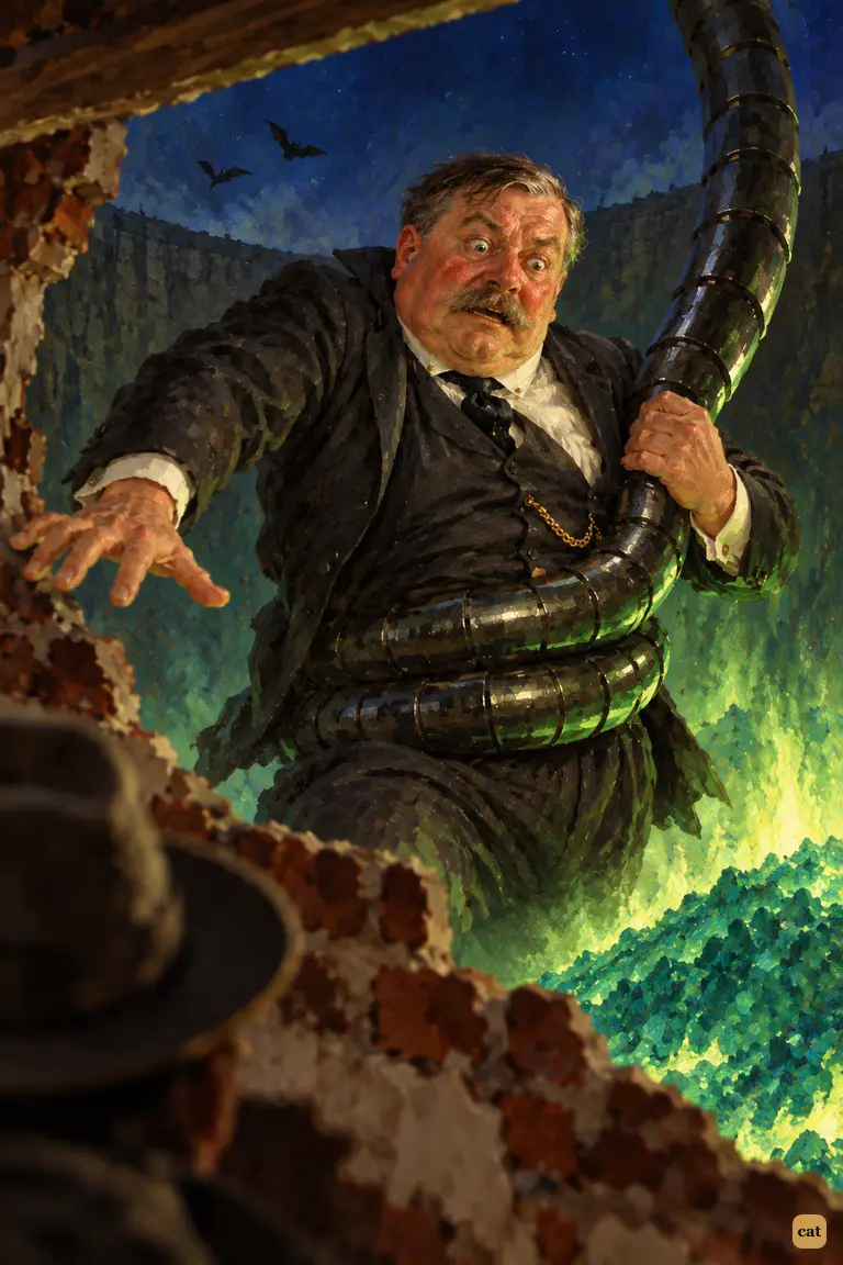 In a flash of green firelight, a stout, ruddy gentleman hangs in a Martian's tentacle