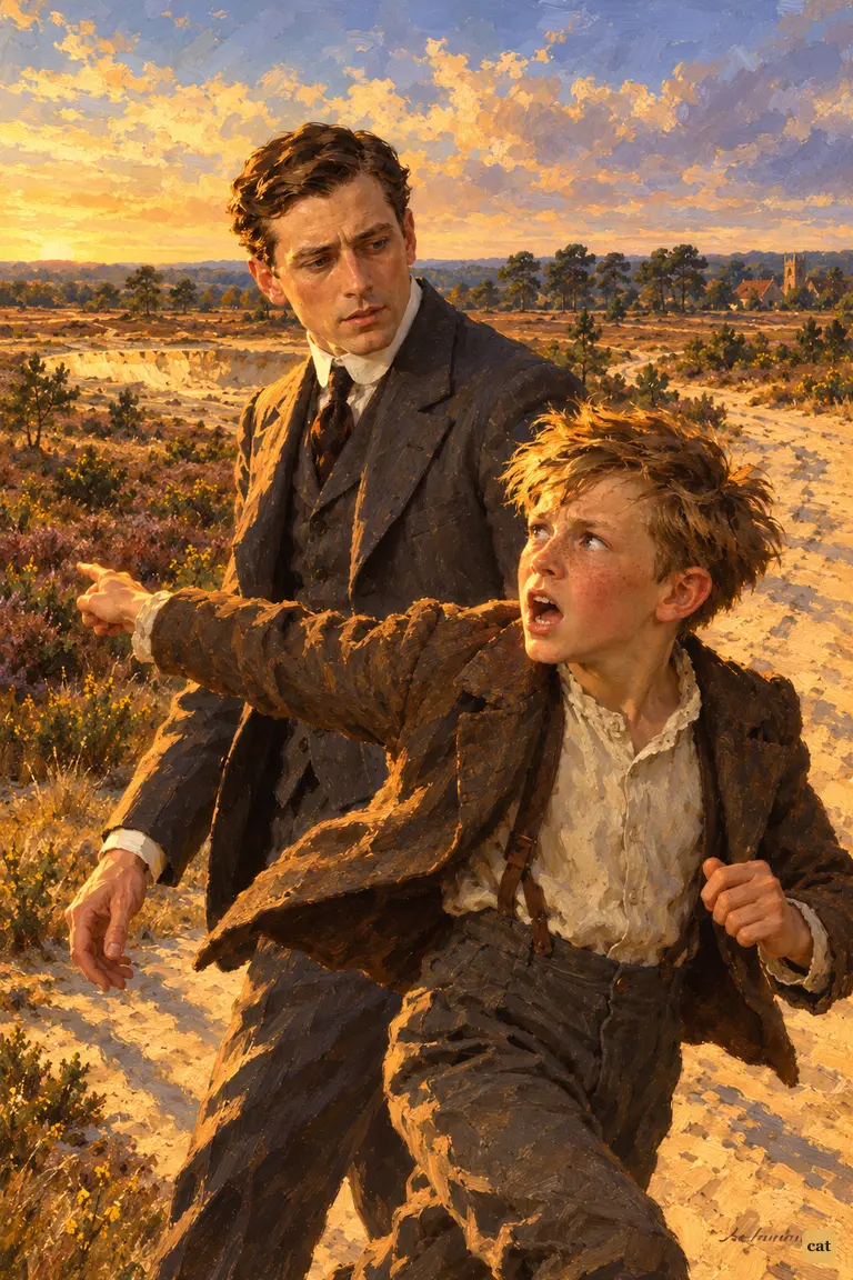 On the sandy road at sunset, a frightened village boy runs past the narrator.