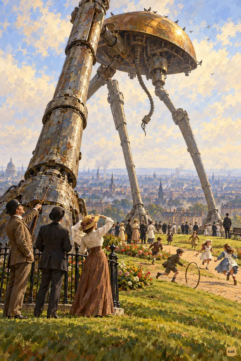 Sightseers crane up at the dead fighting-machine on Primrose Hill as children play