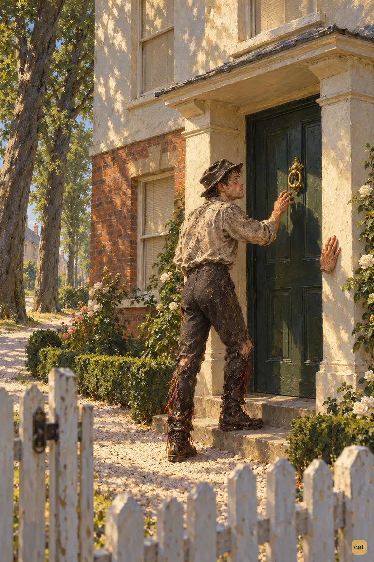 On Putney Common, the starving narrator stands on the step of an intact villa with drawn blinds.