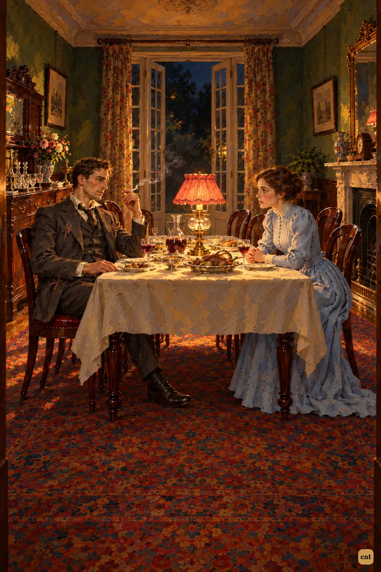 The narrator and his wife dine in a small rose-coloured pool of lamplight