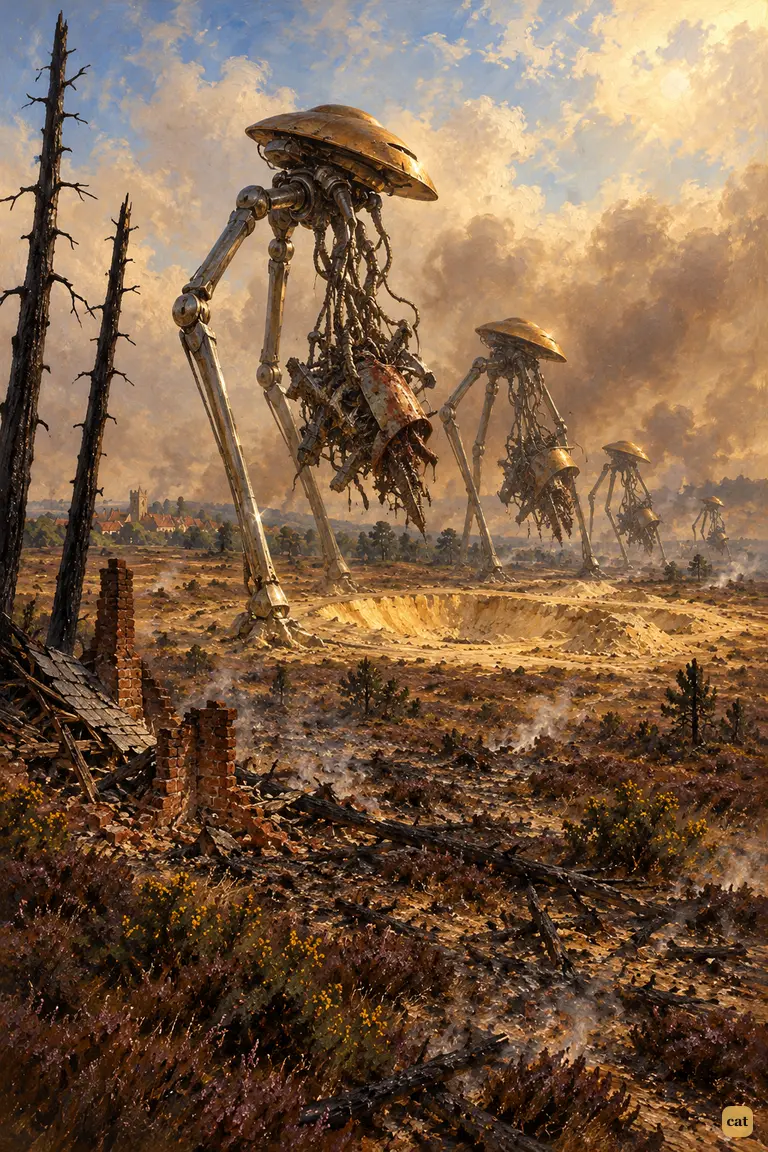 Four fighting-machines carry their dead comrade's wreckage back across Horsell Common