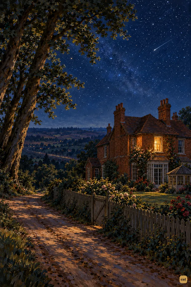 Six years on, the narrator's villa stands quiet on Maybury Hill, one study window lit