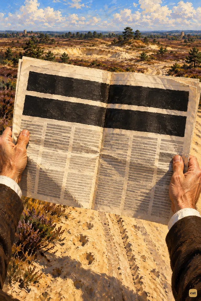 By the sand-pits, a visitor opens an evening paper with huge headlines about Mars