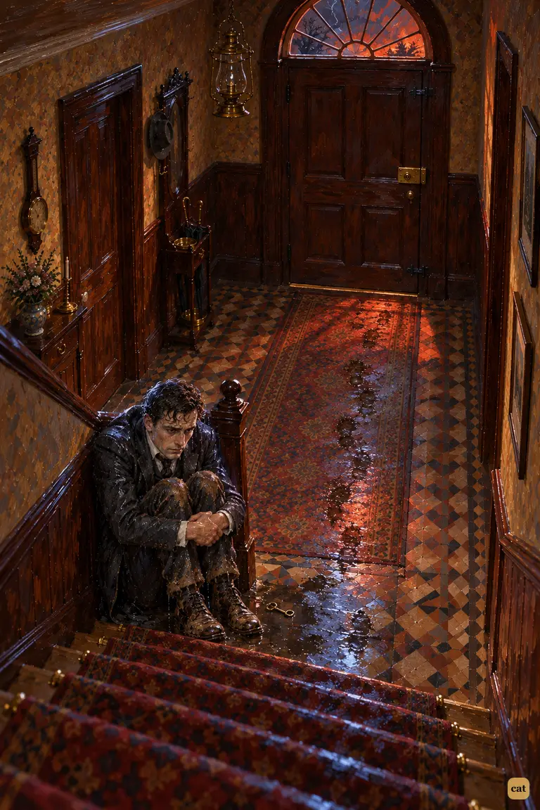 Soaked and shaking, the narrator sits curled at the foot of his dark staircase
