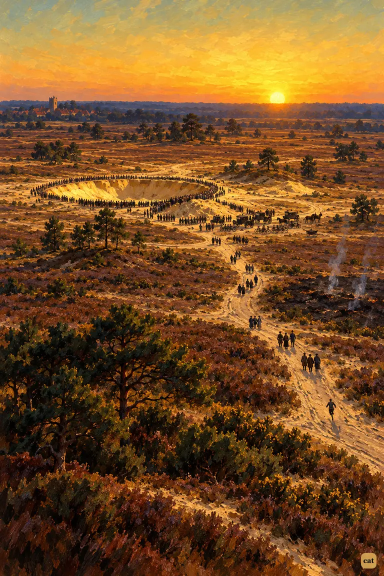 On Horsell Common at sunset, a crowd rings the sand-pit while more hurry up the road