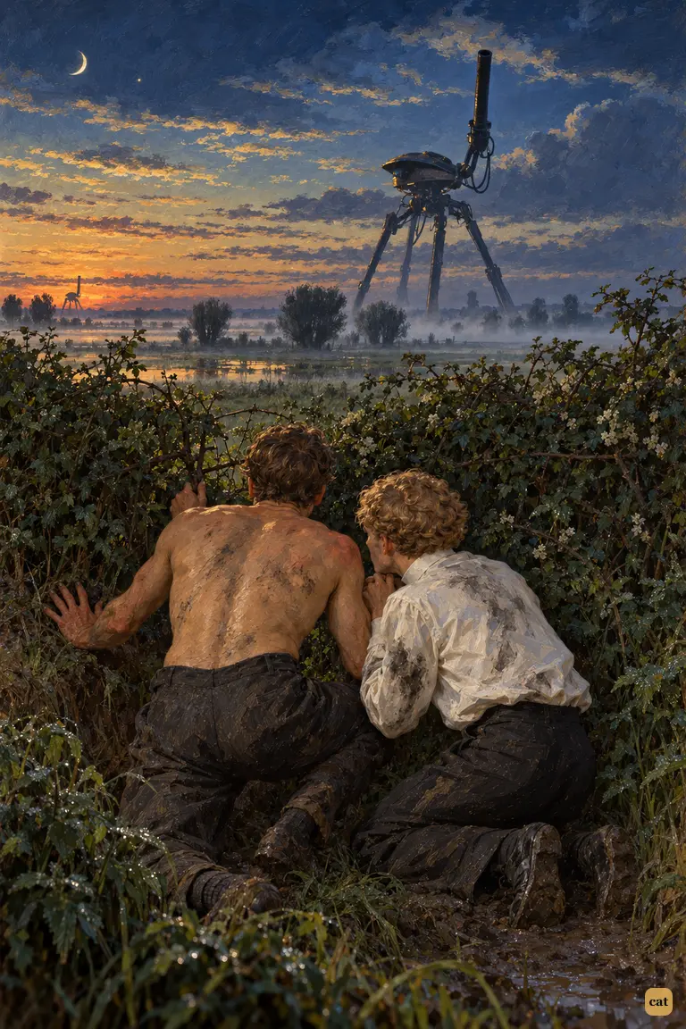 Two fugitives crouch in a nettle ditch as a Martian lifts its black tube to the sky