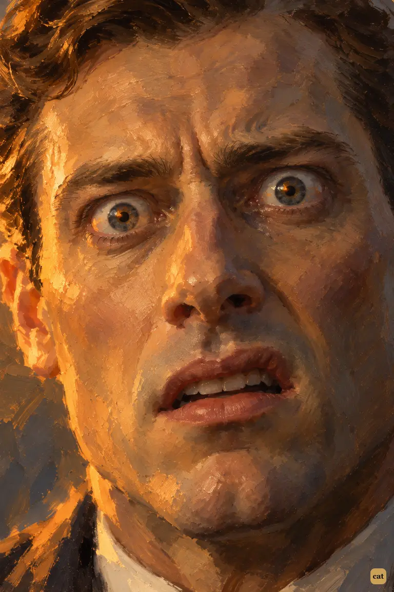 An extreme close-up of the narrator's face as he locks eyes with the first Martian.