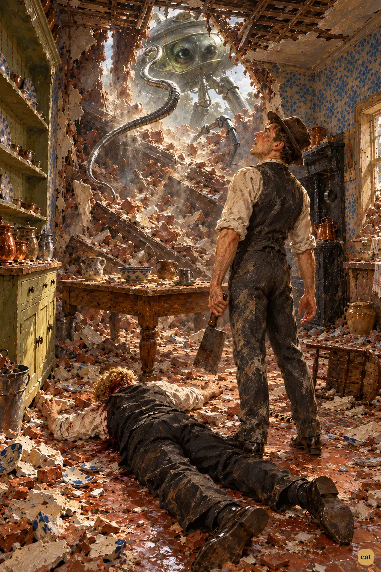 The narrator stands frozen over the fallen curate in the wrecked kitchen.