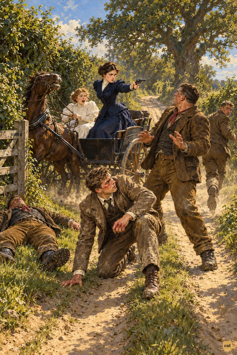 Near High Barnet, Miss Elphinstone half-rises in the pony-chaise and aims her revolver