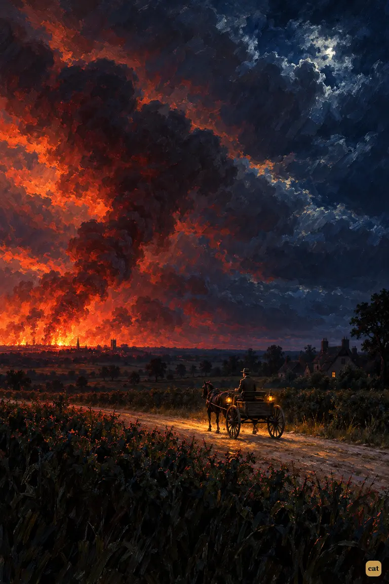 Beyond Ockham, a lone dog cart drives along a black road toward a blood-red glow