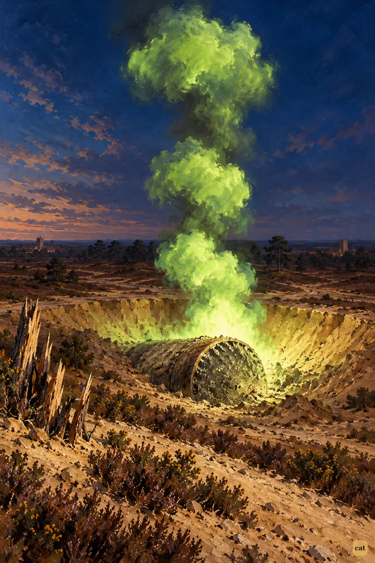 At dusk, three puffs of luminous green smoke rise one after another from the Horsell pit