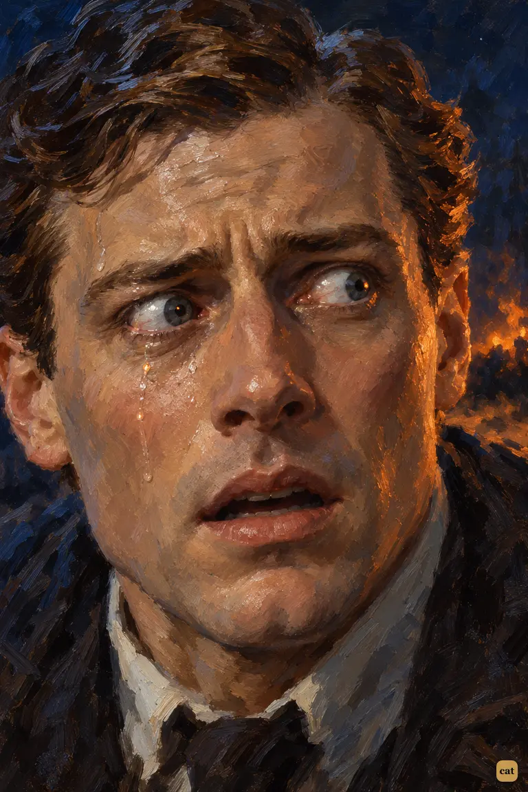 The narrator's tear-streaked face fills the frame as he runs through the dark heath.
