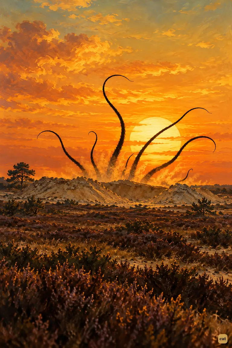 Thin black whips lash up from behind the sand-heaps across the swollen setting sun