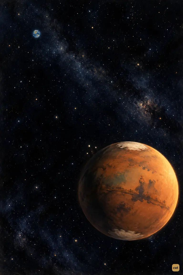 Old, cold Mars turns its lit face toward a tiny blue-green Earth across the gulf of space