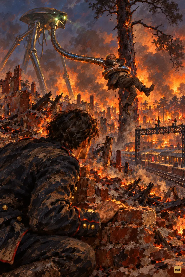 The artilleryman crouches among the smoking ruins of Woking.