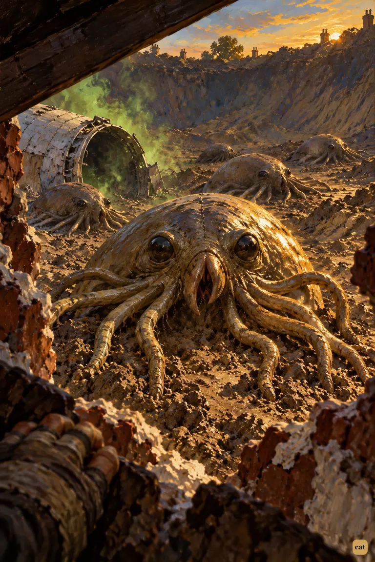 Through a slit, the narrator sees a Martian strain to lift its head-body on its tentacles