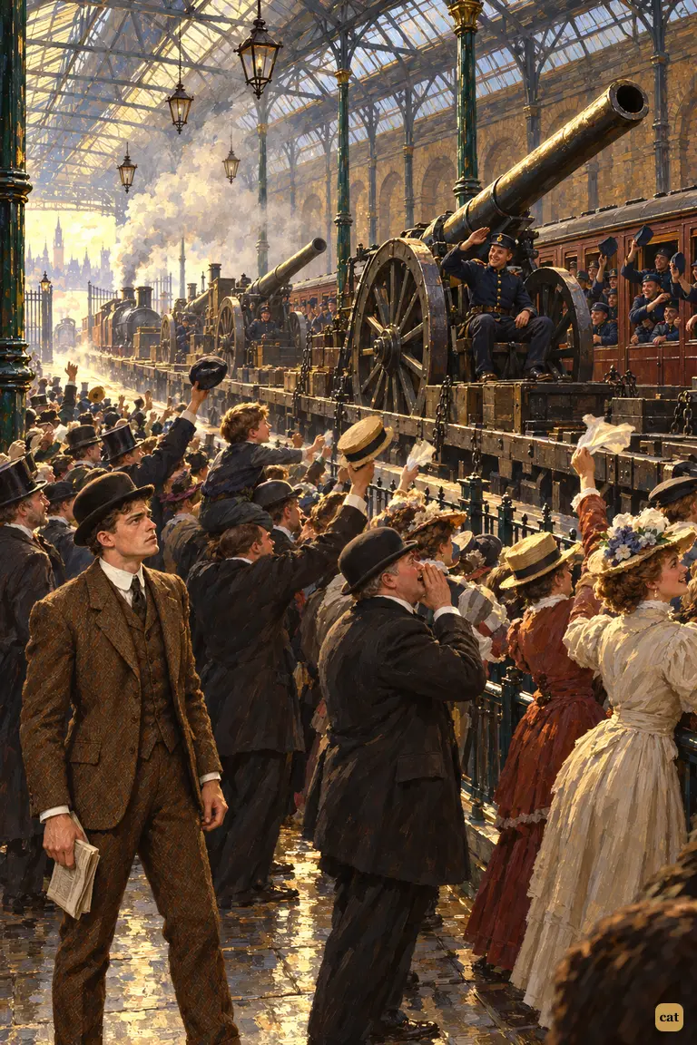 At Waterloo the crowd cheers as huge field guns and carriages of soldiers roll past