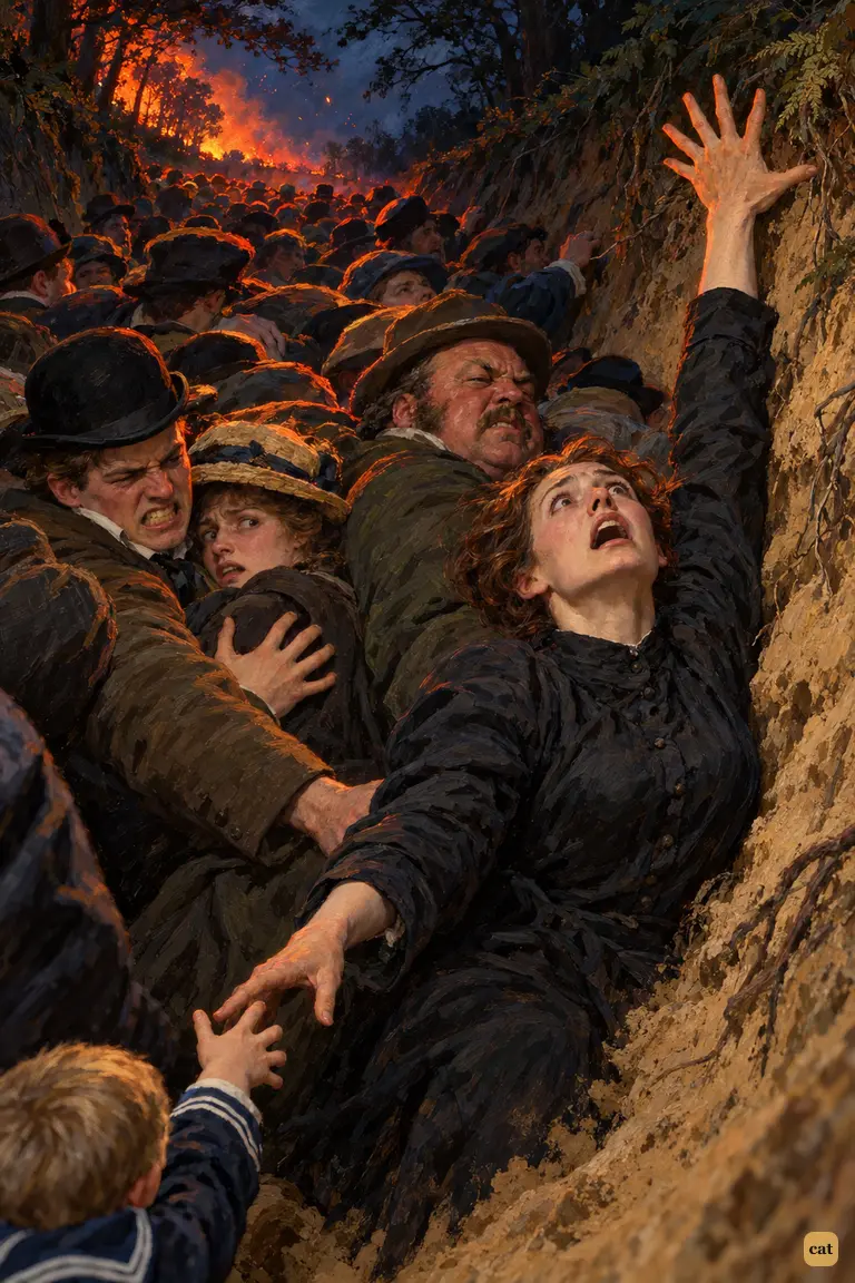 In the black cutting on the way back to Woking, the panicked crowd crushes its own weakest.