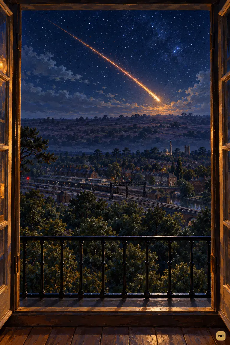 From the narrator's study window, a single shooting star falls toward Horsell Common