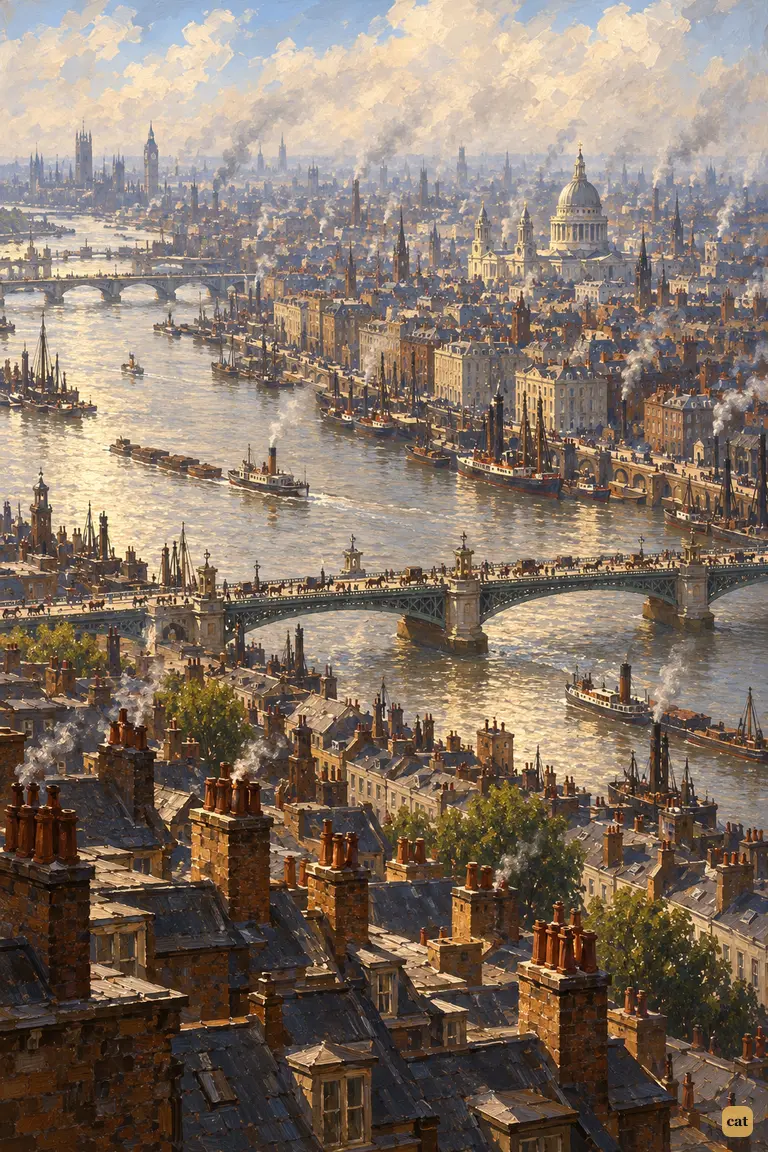 On a hazy Saturday morning, London seen from high above the Thames goes about its usual business.
