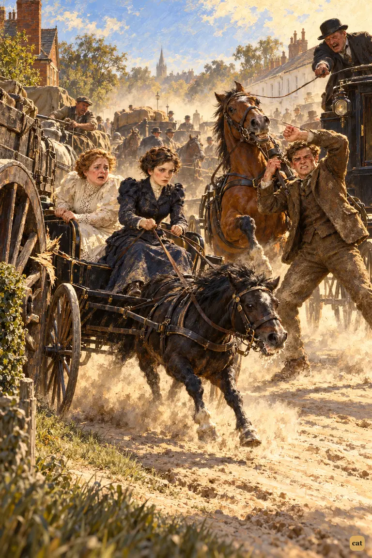 The brother holds a cab horse as Miss Elphinstone drives the chaise into the fugitives