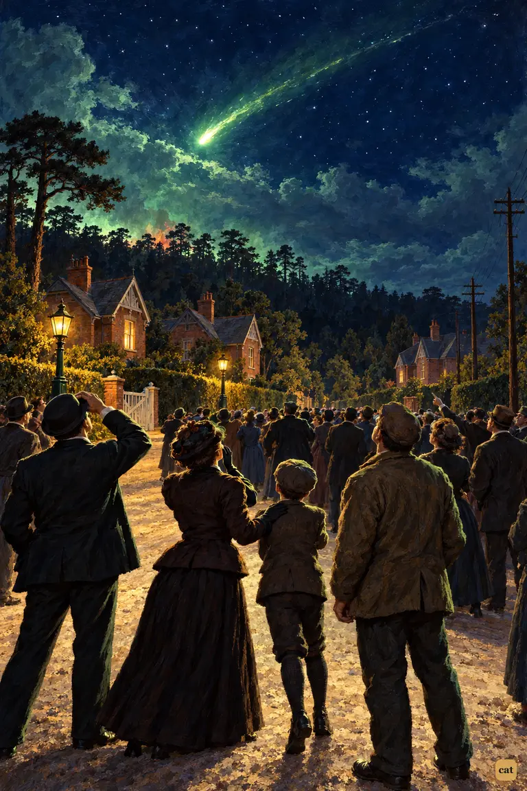 On the Chertsey road after midnight, the crowd watches a green star fall into the pines