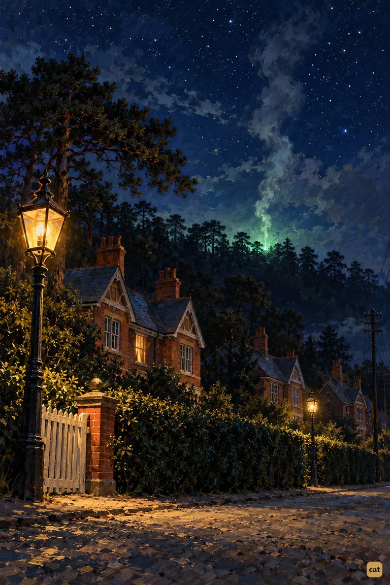 A faint green glow and thin smoke rise from the pine woods where the second cylinder fell