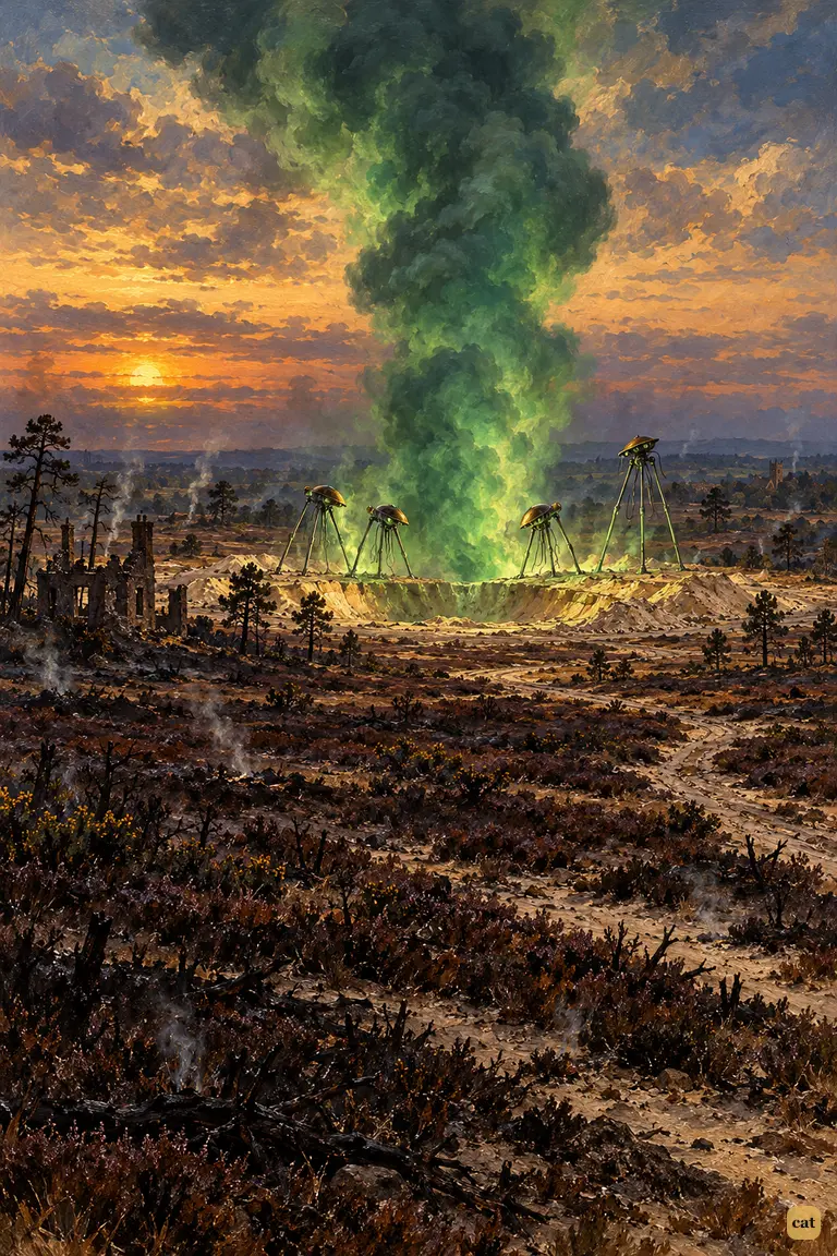 One fighting-machine keeps watch at the pit rim above the blackened heather of Horsell Common