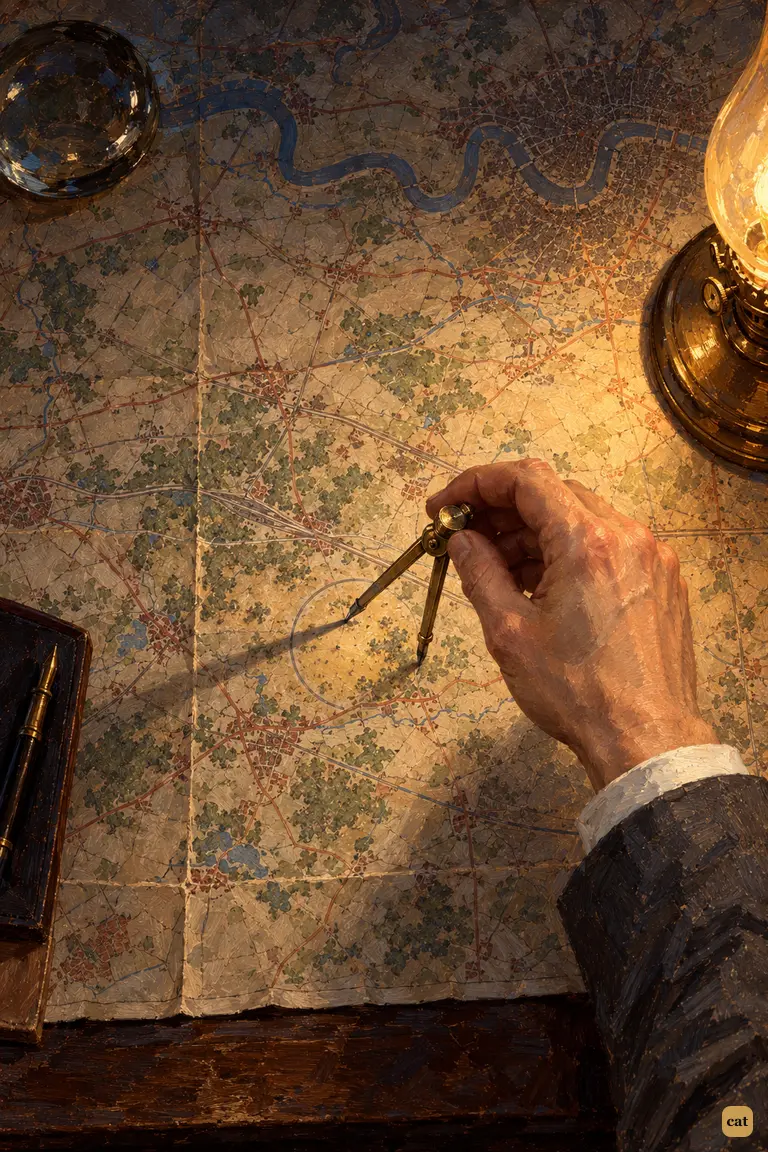 By lamplight, the narrator draws a five-mile circle round the sand-pits on an old map