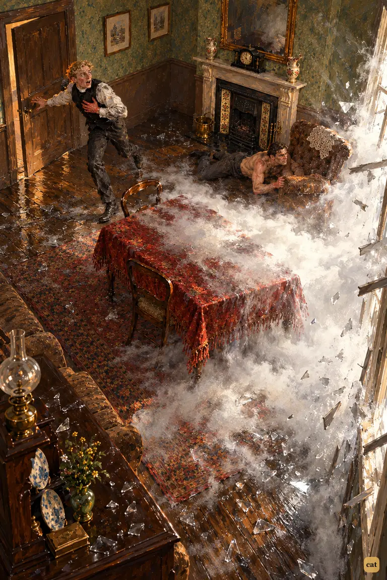 A Martian steam jet bursts through the front-room windows of the empty house at Halliford.
