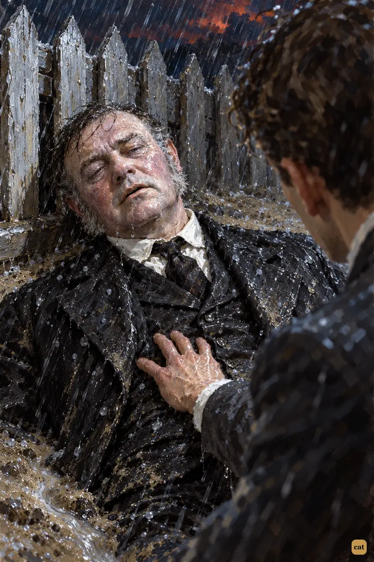 Lightning shows the dead landlord of the Spotted Dog, whose cart the narrator wrecked