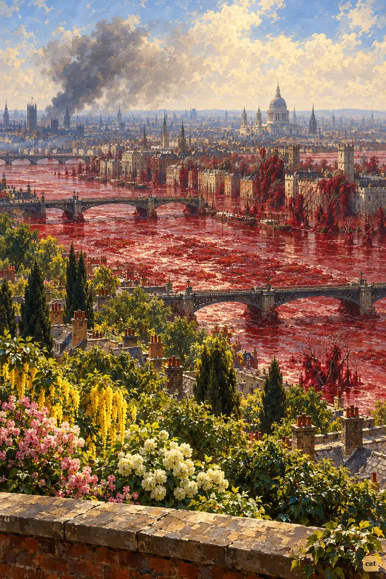 From a Putney rooftop, sunlit gardens give way to a Thames choked with blood-red weed