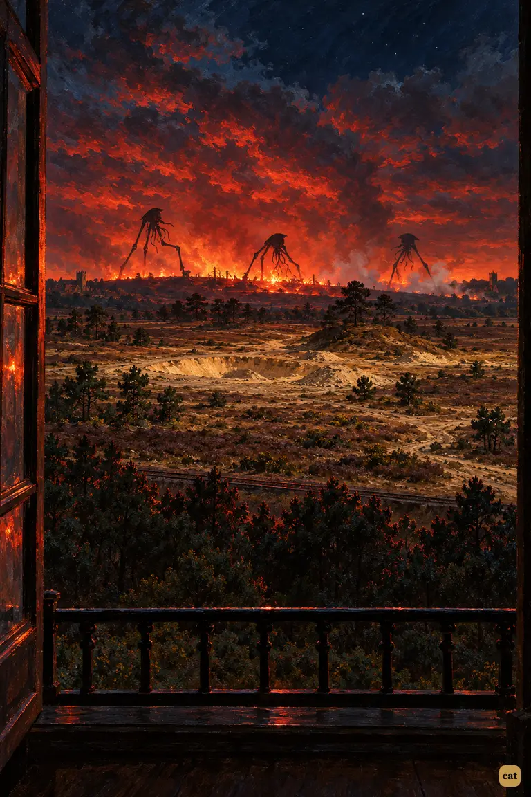 From his study window, the narrator sees three black tripods moving on the burning common