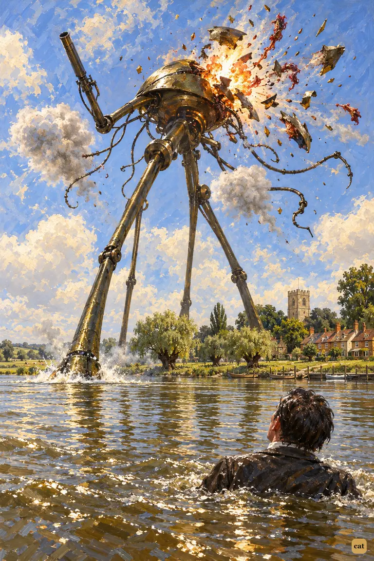 At Shepperton a shell bursts in the fighting-machine's hood and the head flies apart
