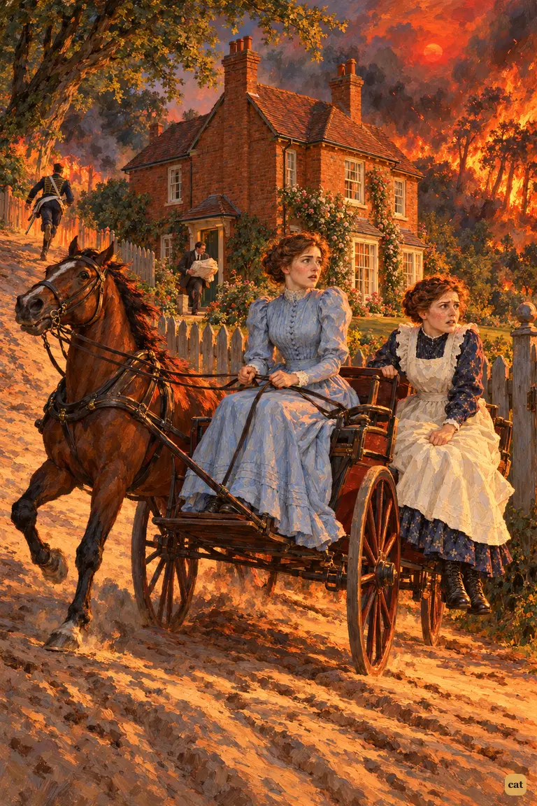 Two women wait in the dog cart outside the house and stare at the burning beeches below